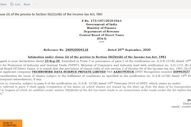 Intimation under clause (ii) of the proviso to Section 56(2)(viib) of the Income-tax Act, 1961
